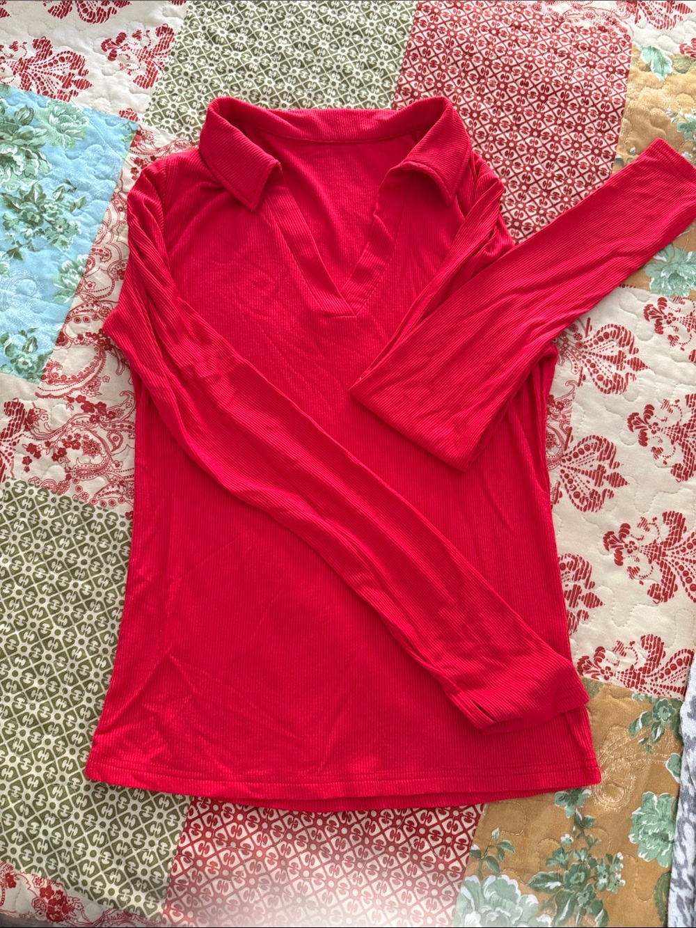 Women’s Red Collared V-Neck Long Sleeve Top